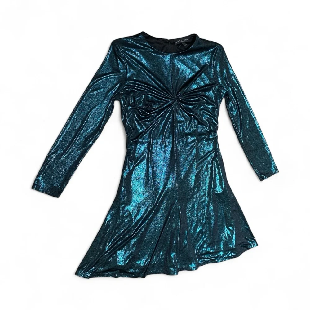 Zarr Metallic Teal Long Sleeve Twist Front Dress - Picture 2 of 9